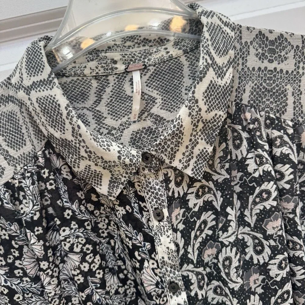 Free People Blouse Top Womens M Boho Dani Button Up Semi Sheer Floral Patchwork